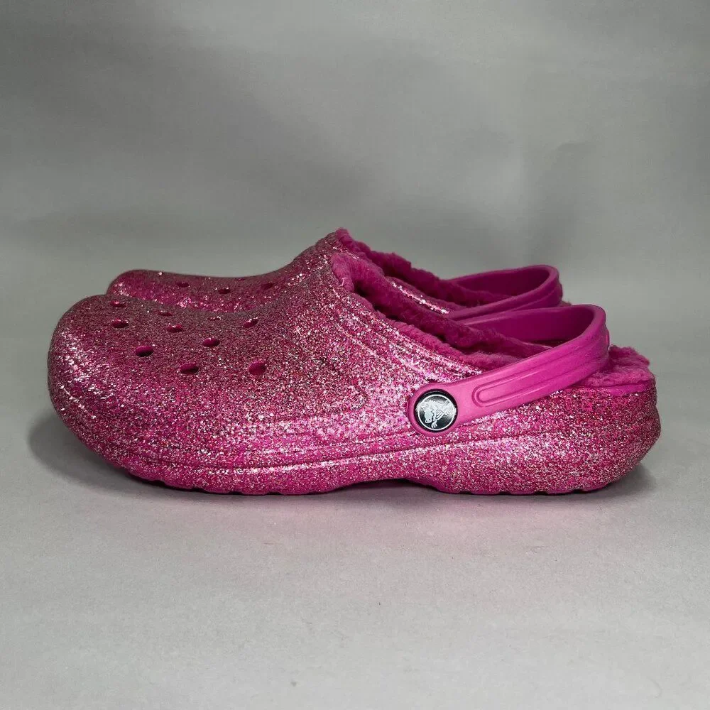 Crocs Pink Glitter Shoes Girl's Size 6 Insulated Lined‎ Slip On Clog Sandals